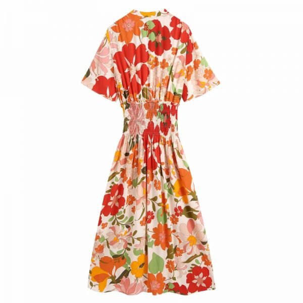 Hot Sale Women Floral Printing Elastic Waist Midi Dress Female Short Sleeve Clothes Casual Lady Loose Vestido D8205