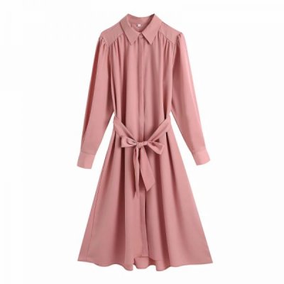 Fashion Women Turndown Collar Sashes Midi Shirt Dress Female Long Sleeve Clothes Office Lady Loose Vestido D7219