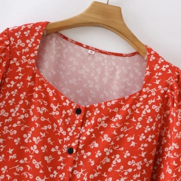 Hot Sale Women Floral Print Red Mini Dress Female Square Collar Long Sleeve Clothes Leisure Lady Loose Vestido D8090