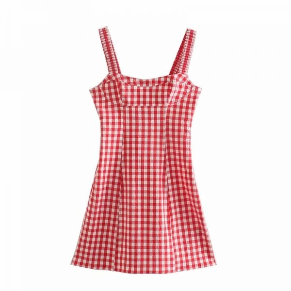 Summer Women Red Plaid Suspender Mini Dress Female Sleeveless Clothes Leisure Lady Slim Vestido D7982