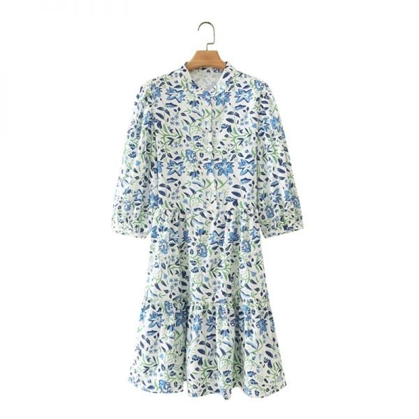 Hot Sale Women Floral Print Puff Sleeve Mini Dress Female Stand Collar Clothes Casual Lady Loose Vestido D8195