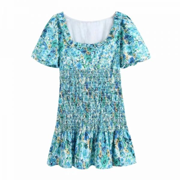 Summer Women Square Collar Ruffle Printed Elastic Mini Dress Female Lantern Sleeve Clothes Casual Lady Slim Vestido D7700