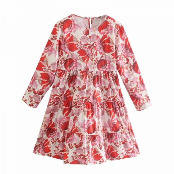 Summer Women Red Floral Print Tiered Ruffle Midi Dress Female Three Quarter Sleeve Clothes Casual Lady Loose Vestido D7807