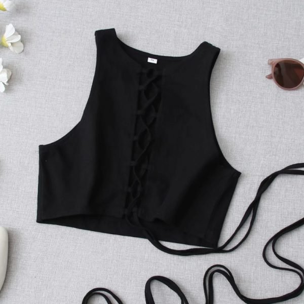 Summer Women Hollow Lace Up Sexy Knitted Short Tank T Shirt Casual Female O Neck Slim Crop Tops T1510