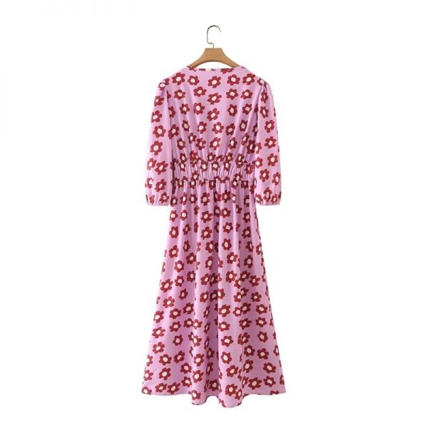 Women Flower Print O Neck Lace Up Elastic Waist Midi Dress Female Lantern Sleeve Clothes Casual Lady Loose Vestido D8335