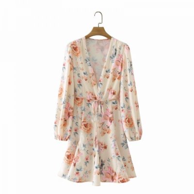 Hot Sale Women Flower Print Deep V Neck Swing Mini Dress Female Long Sleeve Clothes Casual Lady Loose Vestido D8272