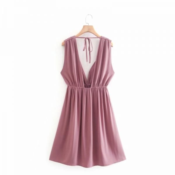 Summer Women Deep V Neck Pleating Decoration Mini Vest Dress Female Sleeveless Clothes Casual Lady Loose Vestido D7707