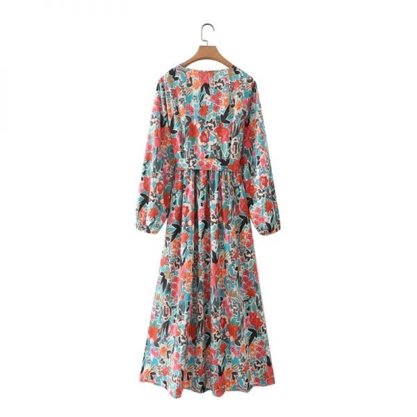 Hot Sale Women Flower Print V Neck Sashes Midi Dress Female Long Sleeve Clothes Casual Lady Loose Vestido D8232