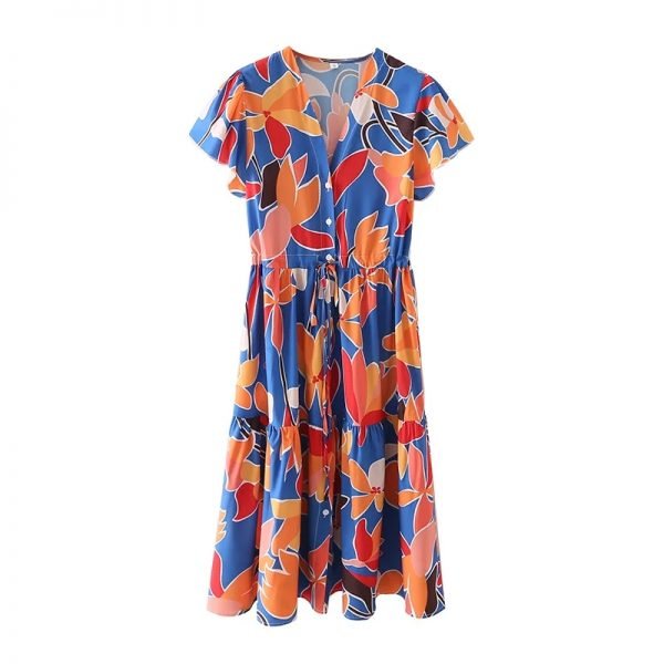 Summer Women V Neck Waist Drawstring Printed Midi Dress Female Short Sleeve Clothes Casual Lady Loose Vestido D7766