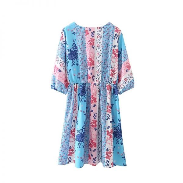 Summer Women Patchwork Printing Elastic Waist Mini Dress Female Batwing Sleeve Clothes Leisure Lady Loose Vestido D7923