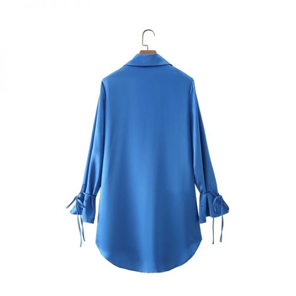 Hot Sale Women Knot Design Blue Satin Shirt Dress Female Long Sleeve Clothes Casual Lady Loose Vestido D8509