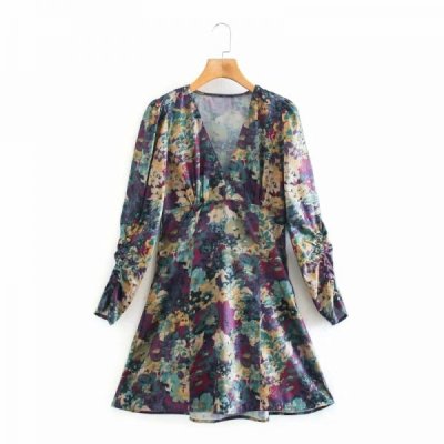 New Spring Women Flower Print V Neck Mini A-Line Dress Female Pleating Nine Quarter Sleeve Clothes Casual Vestido D7093