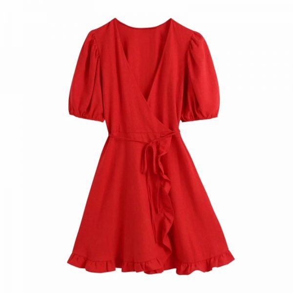 Summer Women Cross V Neck Linen Mini Wrap Dress Female Puff Sleeve Clothes Leisure Lady Loose Vestido D8016