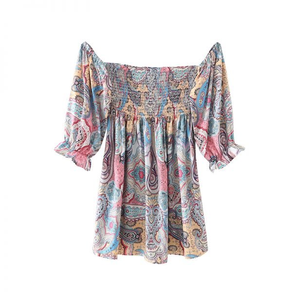 Summer Women Vintage Paisley Printing Slash Neck Mini Dress Female Nine Quarter Sleeve Clothes Leisure Lady Slim Vestido D7955