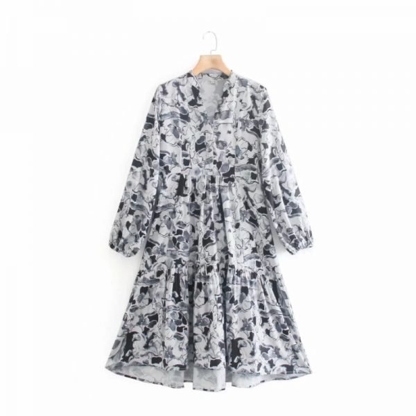 Hot Sale Women Graffiti Printing Stand Collar Midi Dress Female Nine Quarter Sleeve Clothes Casual Lady Loose Vestido D8110