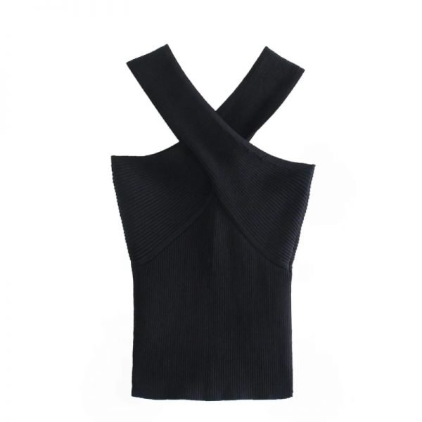 Summer Women Cross Suspender Black Knitted Blouse Casual Female Sleeveless Slim Tops T1523