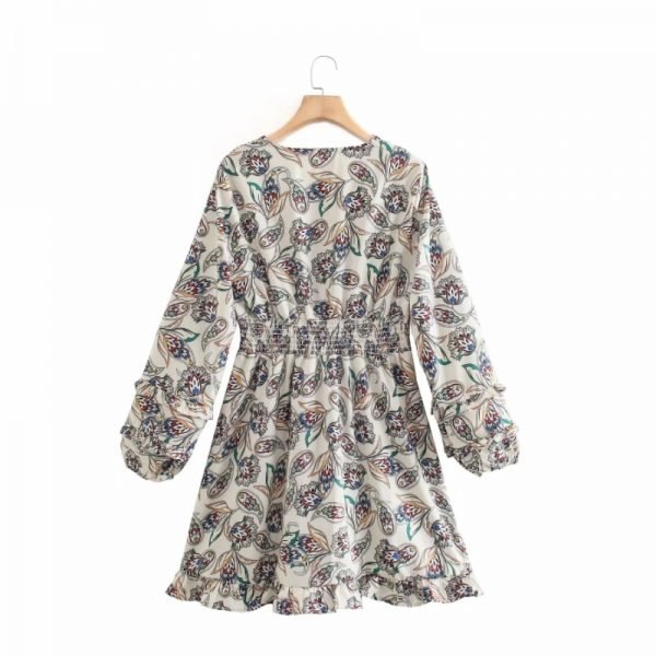 Women Vintage Paisley Printing V Neck Mini Dress Female Lantern Sleeve Clothes Leisure Lady Loose Vestido D8060